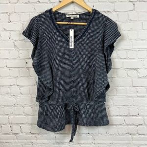 Wallflower Waffle Knit Ruffle Sleeve Top V-neck NWT M Navy
